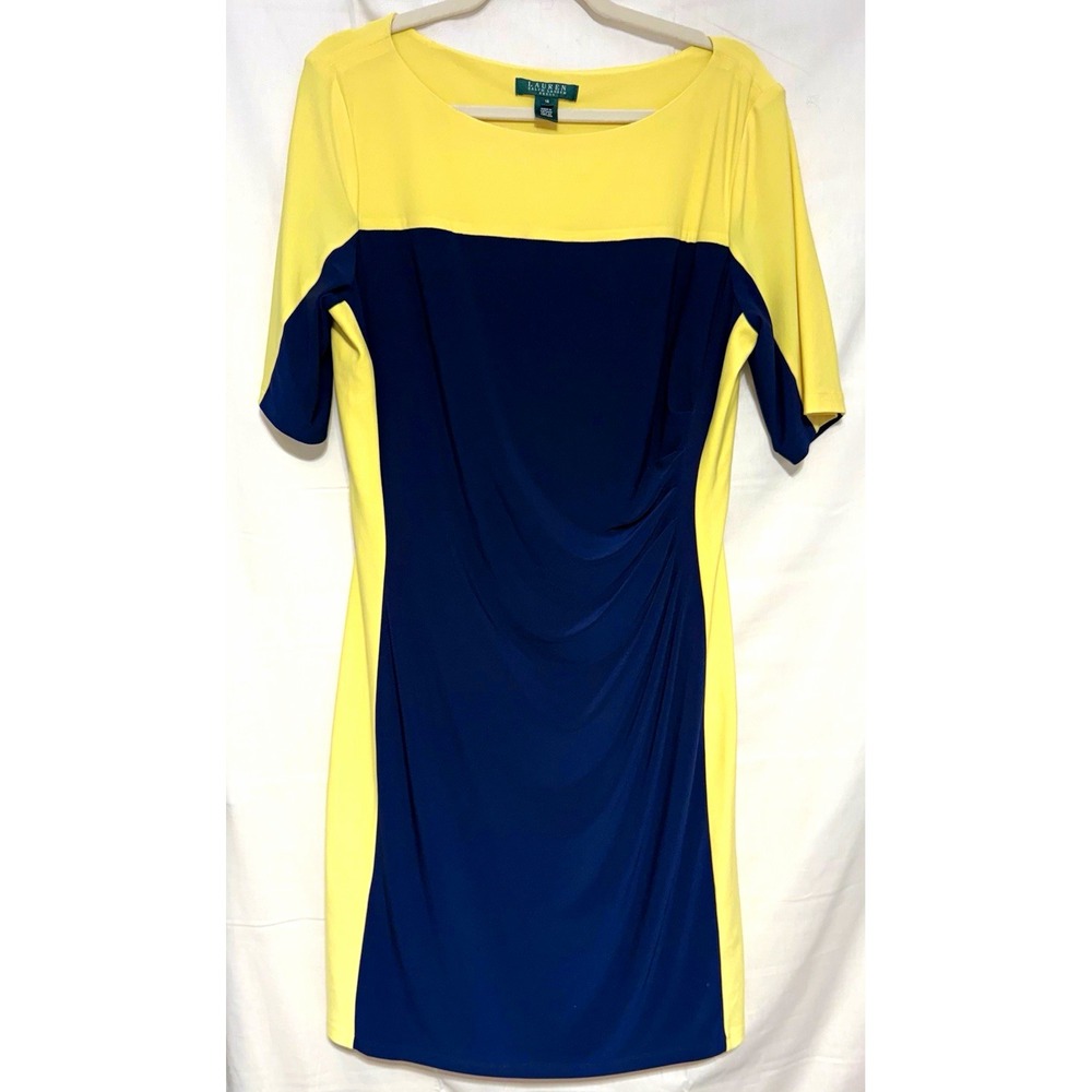 Lauren Ralph Lauren Colorblock Sheath Knee Dress Stretch Knit Short Sleeve 16
